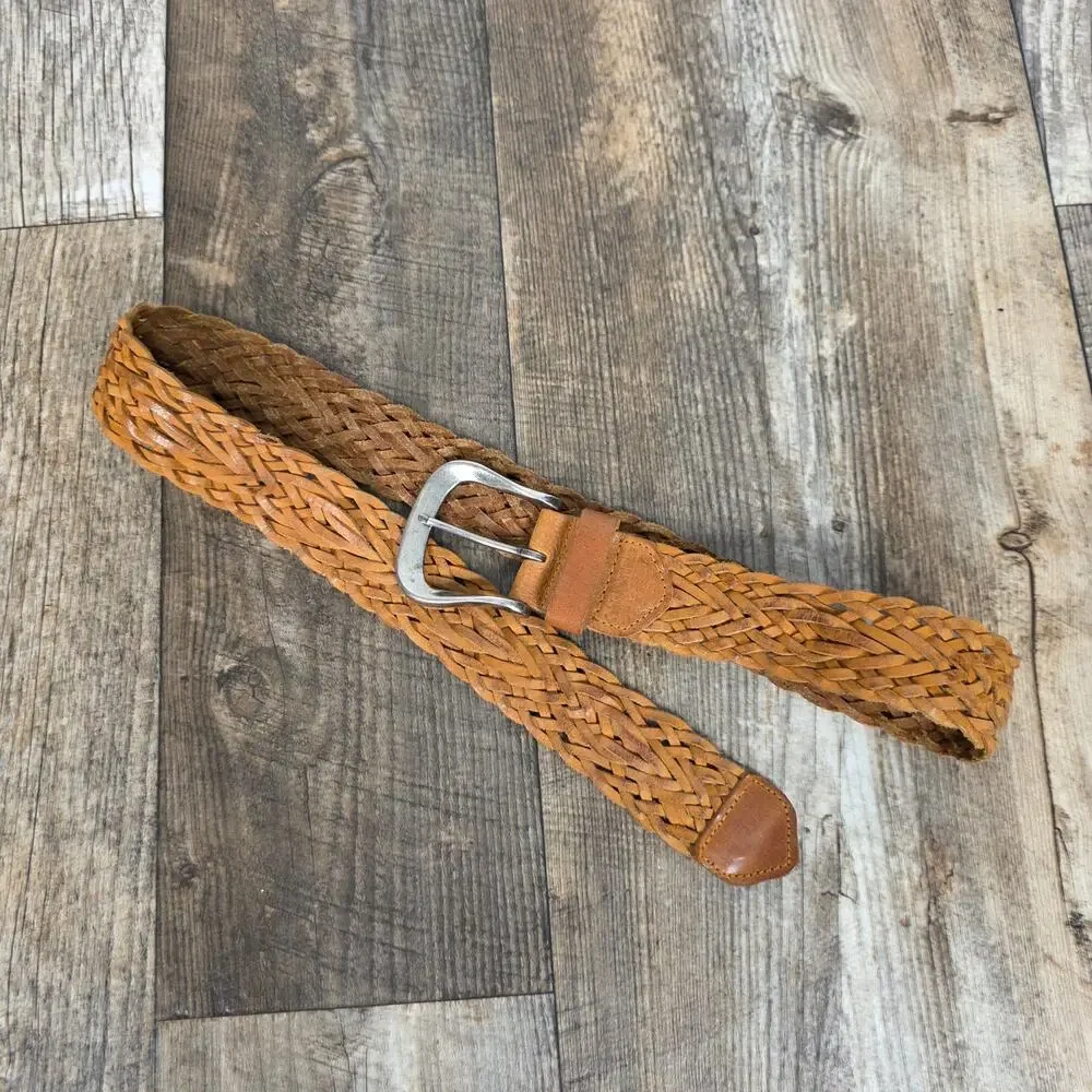 Calvin Klein Woven Leather Belt Cognac Brown Silver Buckle Boho Western Cowgirl